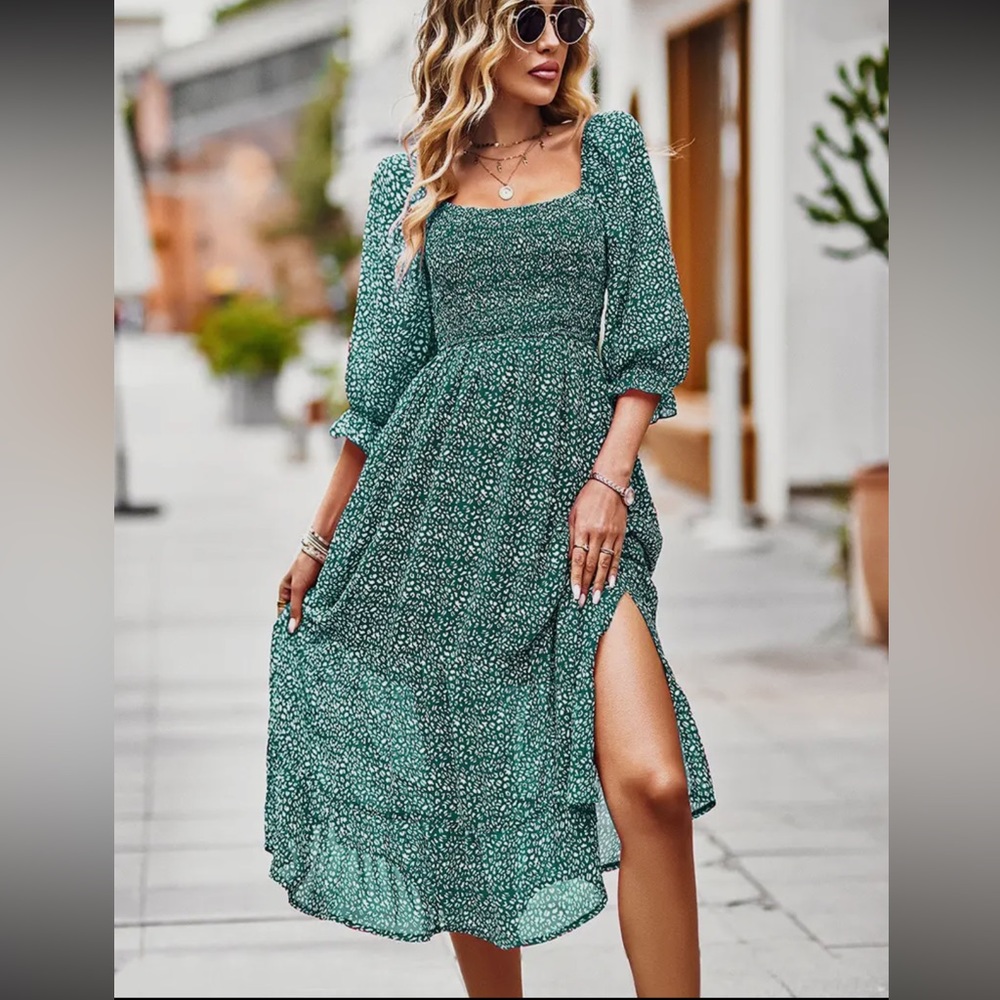 Green and White Animal Dot Print On or Off the Shoulder Front Slit Midi Dress